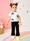 Girls' Cute and Elegant 3D Color Block Bowknot Short Sleeve Flared Pants Summer Set Suitable for Outdoor Play Soft Breathable Fabric, Perfect for Outdoor FD6406D